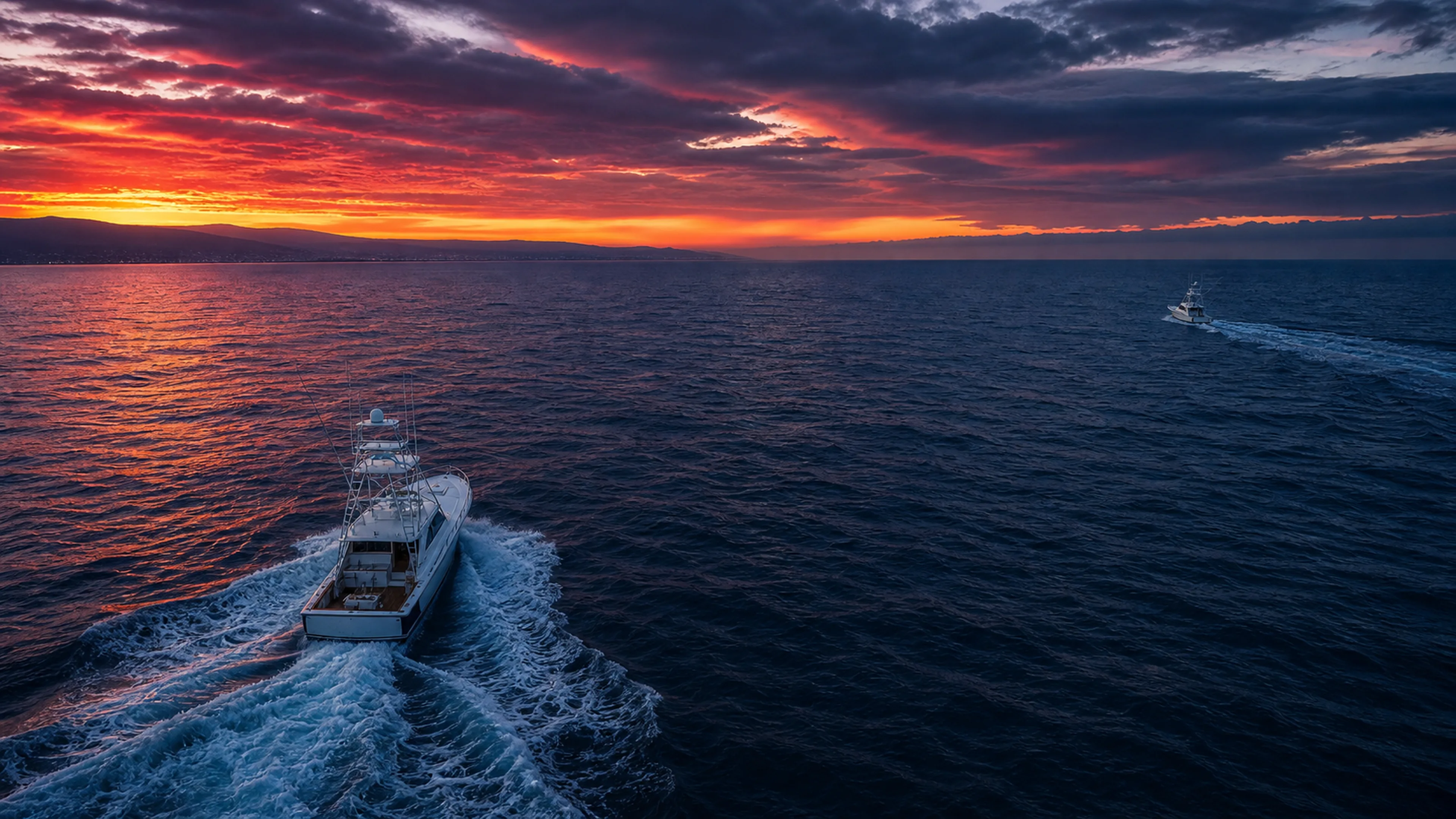 Sportfishing boats running offshore under a fiery San Diego sunset